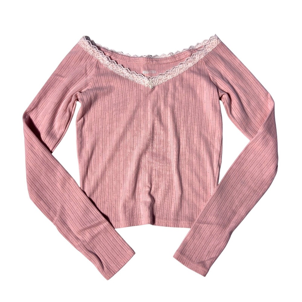 Hollister Babydoll Top Womens XS Pink Ribbed Lace Trim Long‎ Sleeve Y2K